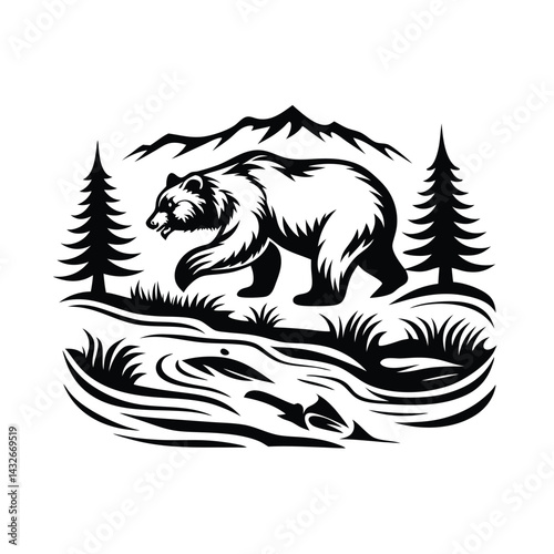 Bold Black Bear Silhouette Strolling by Winding Stream with Mountain and Pine Trees