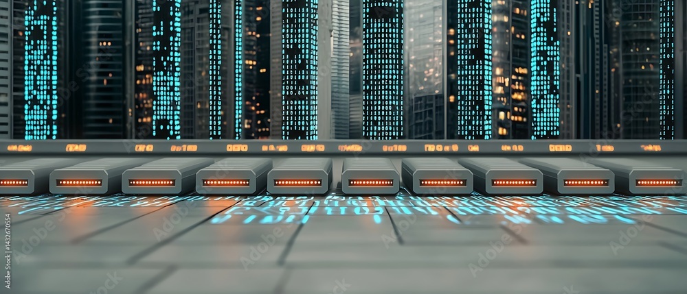 Fototapeta premium Future tech scene servers with lit panels and cityscape background