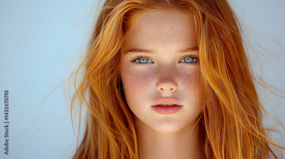Naklejka premium Portrait of a Young Redhead Girl with Freckles and Blue Eyes