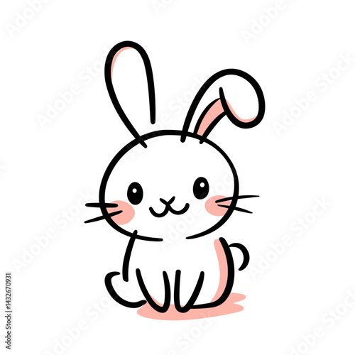Cute bunny cartoon illustration in black and pink line art style