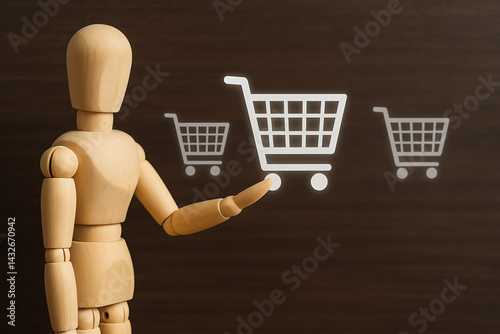 A wooden mannequin points to digital shopping carts on a dark background, symbolizing online shopping and retail. Perfect for e-commerce and digital marketing themes. photo