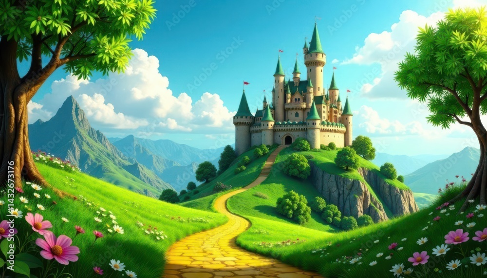 Naklejka premium Emerald castle, yellow brick road winding through fantastical landscape, fairytale castle, yellow, bright