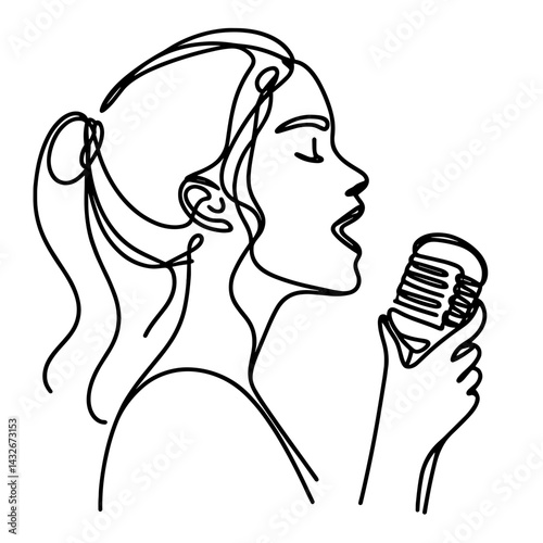 Woman singing into microphone in line art style