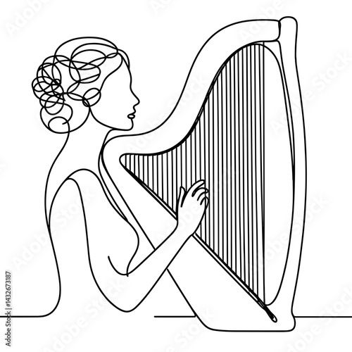 Woman playing harp in minimal line art style