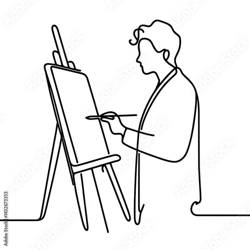 Man painting on easel in continuous line drawing