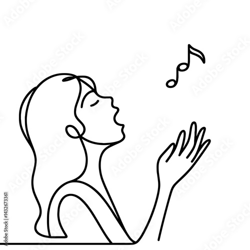 Woman singing with musical note in line style