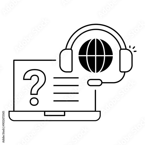 Online Knowledge Assistance. Laptop with question mark and headset representing help articles or guides