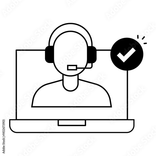 Male Support Agent Verified. Laptop with male headset agent and checkmark for approved assistance