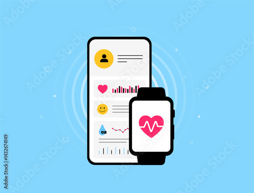 Health monitoring with wearable devices and smartwatch tracking for mobile insights. Health monitoring improves wellness and activity tracking with real time data and mobile apps vector illustration