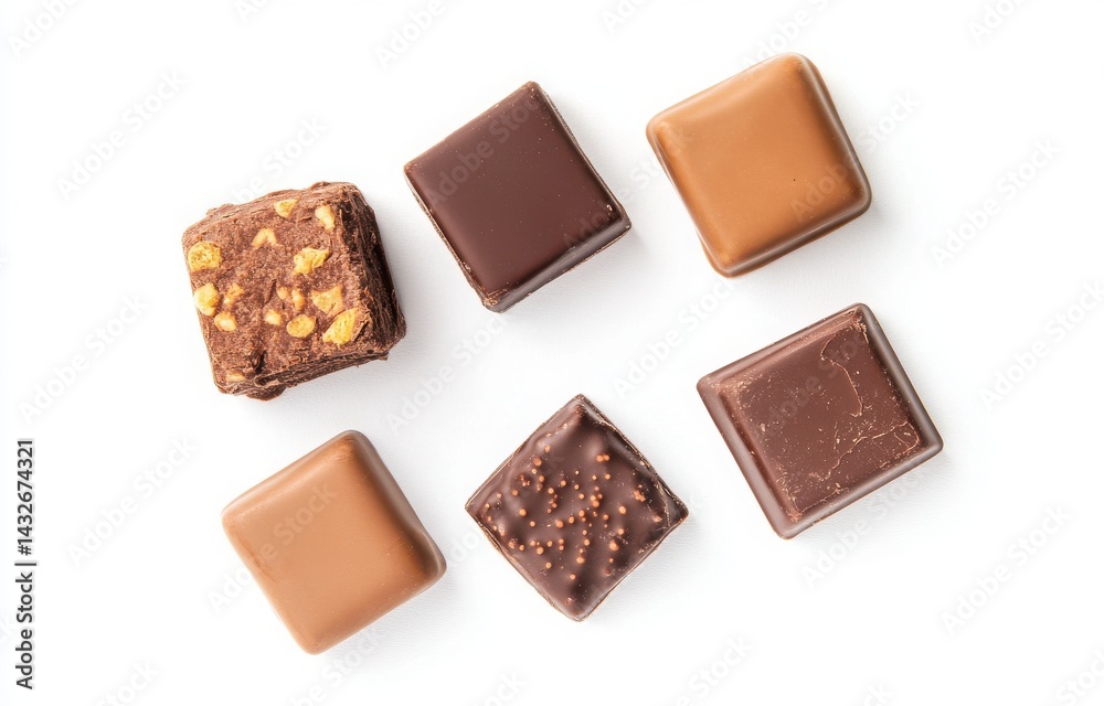 Assorted Dark And Milk Chocolate Pieces On White Backgrounds And Cubes On White Surface With Variety Of Chocolate Treats On A Flat Lay Assorted Dark And Milk Chocolate Pieces On White Backgrounds And Cubes On White Surface With Variety Of Chocolate Treats On A Flat Lay