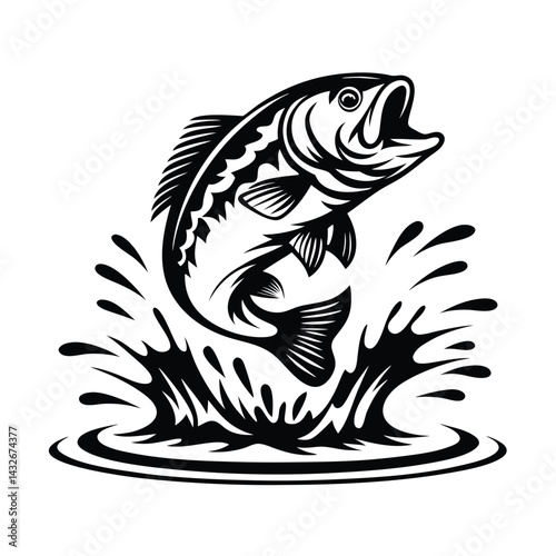 Jumping Black Bass Isolated, Silhouette with Splash, Retro, White Background