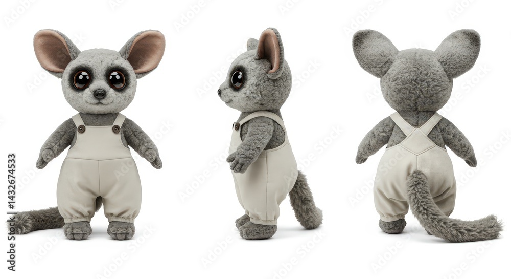 Naklejka premium Plush bushbaby toy displayed from multiple angles in a neutral setting
