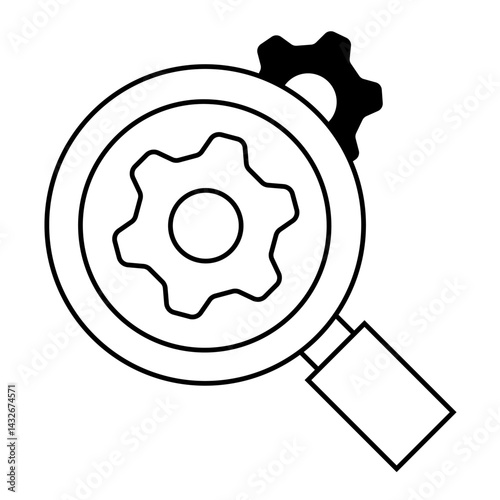Gear Focus Magnifier. Magnifying glass over gear icon for analyzing settings or inspecting configuration