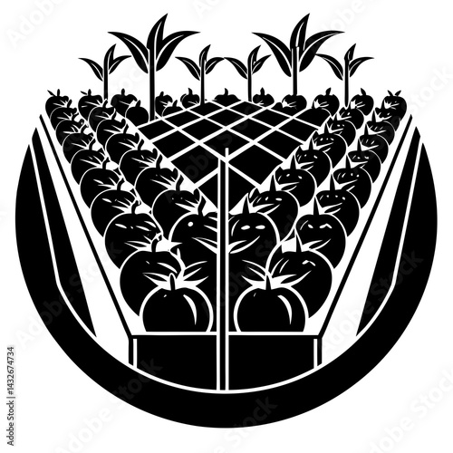 Vector silhouette of a vegetable garden with rows of tomatoes and herbs