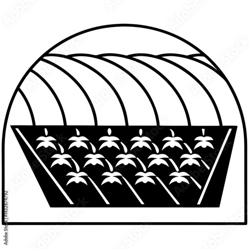 Vector silhouette of a vegetable garden with rows of tomatoes and herbs