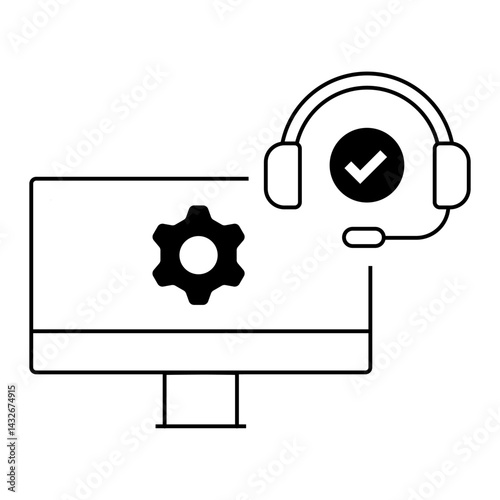 Desktop with Support Verification. Monitor with gear and verified headset indicating trusted desktop support