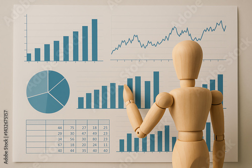 A wooden mannequin analyzes various data charts and graphs on a presentation board. The visuals include bar graphs, pie charts, and statistical tables, showcasing business trends.