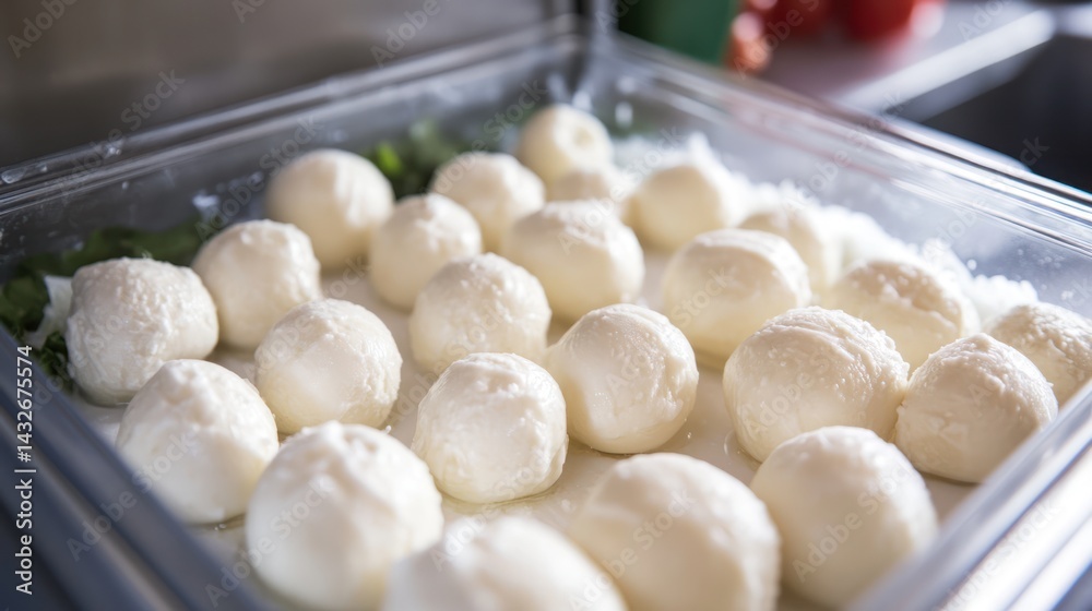 Display of fresh mozzarella balls arranged in a clear tray, ideal for culinary photography Display of fresh mozzarella balls arranged in a clear tray, ideal for culinary photography