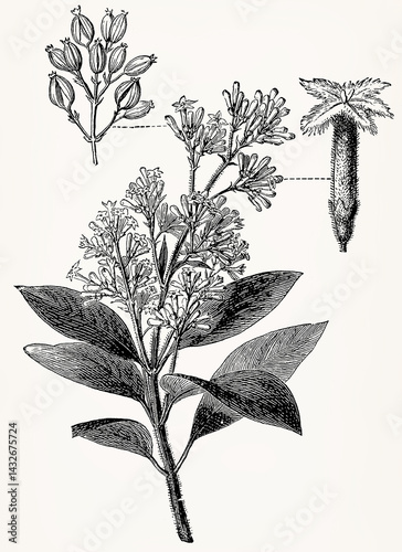 Cinchona calisaya (Yellow Cinchona Tree) with flower, fruit cluster, and fruit, vintage botanical engraving. Antique stylized illustration.