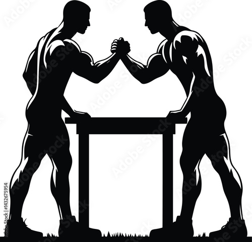 Muscular body builder arm wrestling Silhouette Vector Illustration isolated on a white background