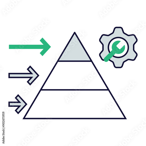 Tiered Service Flow 3. Multi-arrow pyramid flow with gear icon representing service delivery stages