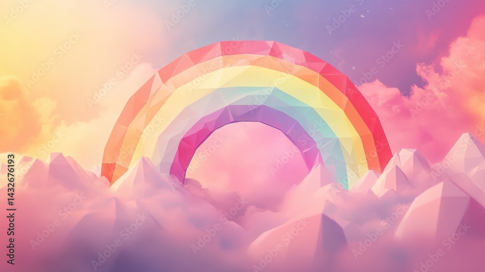 Fototapeta premium Geometric Rainbow Emerges from Ethereal Pastel Cloudscape with Crystal Formations