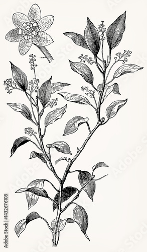 Cinnamomum camphora (Camphor Tree) with flower, detailed vintage botanical engraving. Antique stylized illustration.
