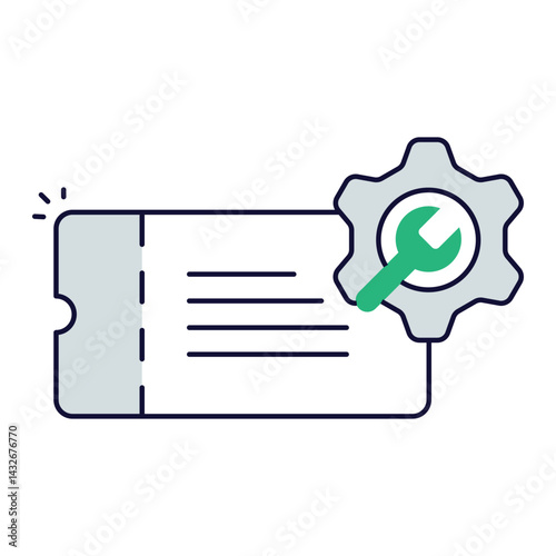 Support Ticket Management. Ticket icon with gear and wrench for customer request tracking and handling