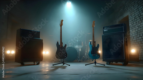 Electric Guitars and Amplified Stage Setup in a Dark Room