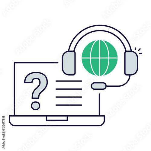 Online Knowledge Assistance. Laptop with question mark and headset representing help articles or guides