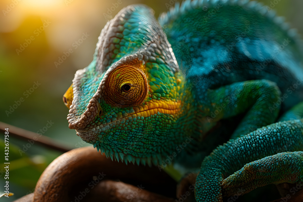 Fototapeta premium Vibrant chameleon resting on a branch Generative AI