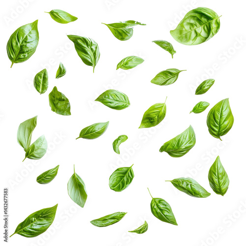 Floating green basil leaves captured in midair against a clean transparent background, showcasing vibrant freshness, various of green basil leaves in the air isolated on transparent background