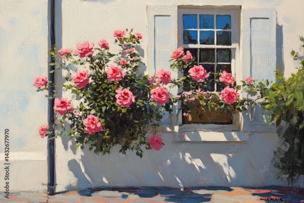 Naklejka premium Pink roses cascading down a whitewashed building exterior.