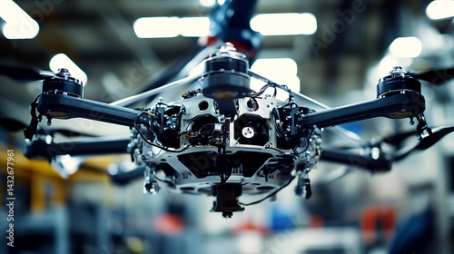 A robotic arm in a futuristic drone assembly facility, constructing autonomous flying machines, Drone-tech style