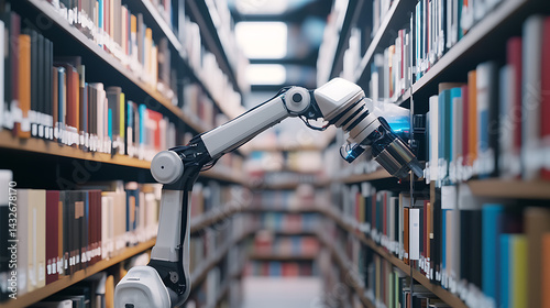 A robotic arm in a futuristic library, sorting and organizing books with flawless efficiency, Knowledge-tech style