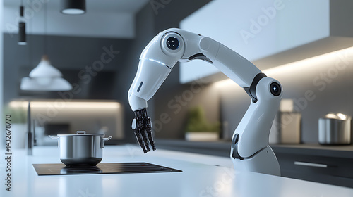 A robotic arm in a futuristic smart home, assisting with household chores like cooking or cleaning, Smart-home style