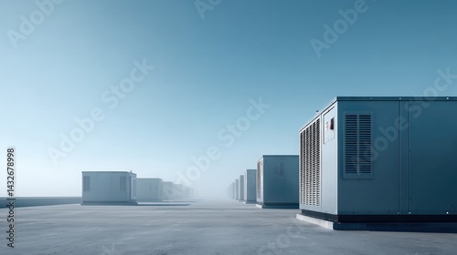 Sleek air filtration units lined up in minimalist setting, enhan