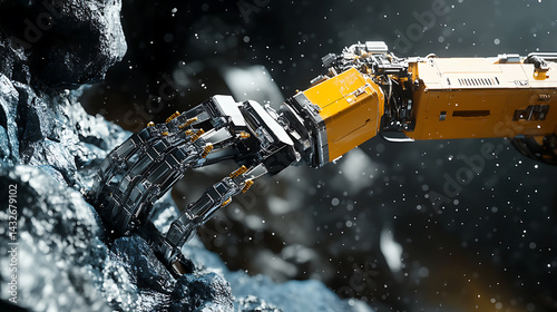 A robotic arm in a futuristic space mining facility, extracting and analyzing raw materials from asteroids, Space-tech style