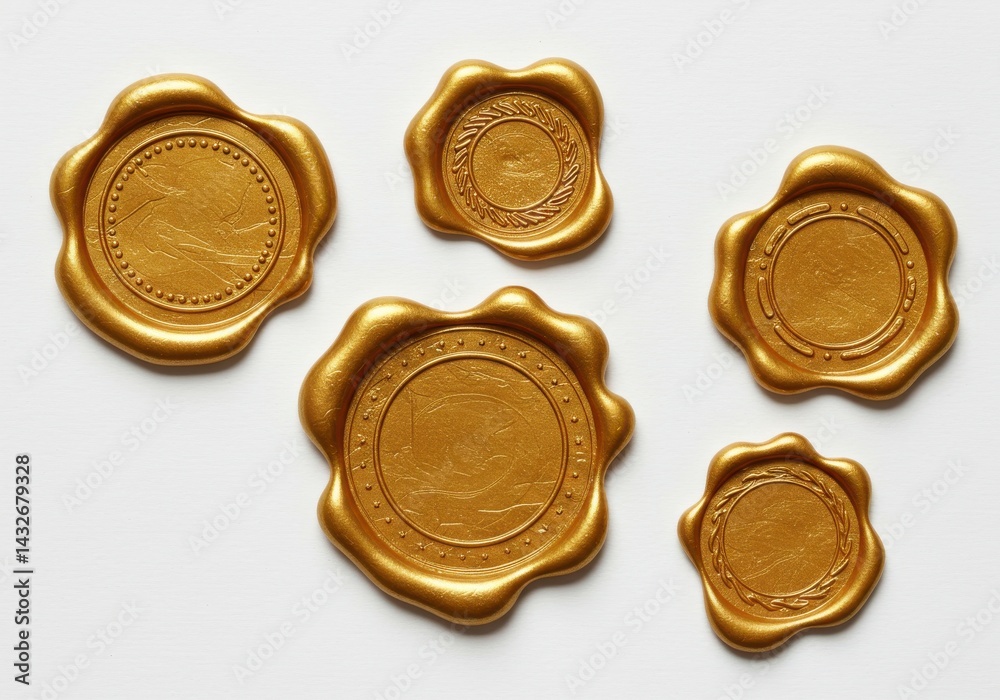 A collection of five golden wax seals with different designs on a white background surface top view A collection of five golden wax seals with different designs on a white background surface top view