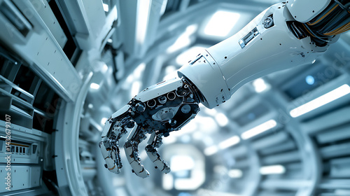 A robotic arm in a futuristic space station, maintaining a spacecraft with precise adjustments, Sci-fi style