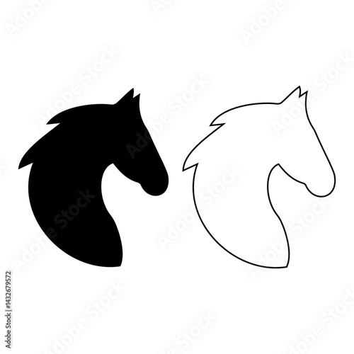 Horse Head Silhouette Icon - Black and Outline Vector Illustration