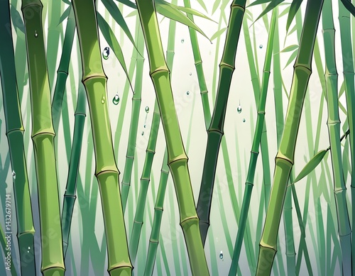 Illustration of bamboo plant with water droplets.