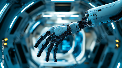 A robotic arm in a futuristic spacecraft docking station, assisting in precise docking maneuvers, Space-tech style