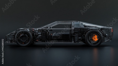 Transparent sports car chassis studio shot, dark background, design concept
