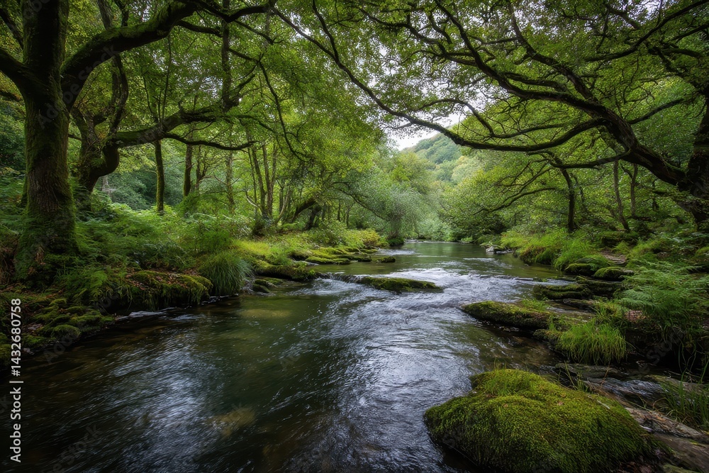 Serene River Flowing Through Lush Green Forest Serene River Flowing Through Lush Green Forest