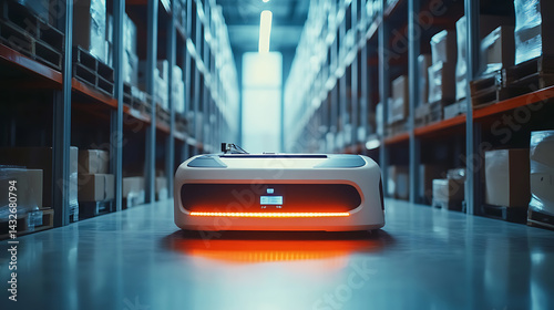 A robotic arm in a futuristic warehouse, sorting and transporting packages efficiently, Logistics-tech style