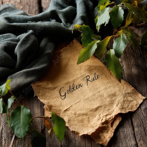 Golden rule message with leaves on wooden background