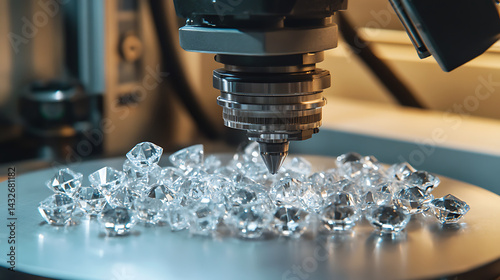 A robotic arm in a gemstone cutting studio, precisely polishing raw diamonds with robotic grinders, luxury jewelry workshop