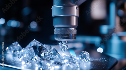 A robotic arm in a gemstone cutting studio, precisely polishing raw diamonds with robotic grinders, luxury jewelry workshop