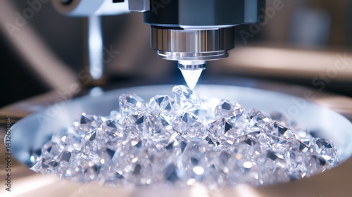 A robotic arm in a gemstone cutting studio, precisely polishing raw diamonds with robotic grinders, luxury jewelry workshop